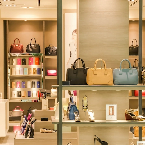 A variety of handbags on display in a store.
